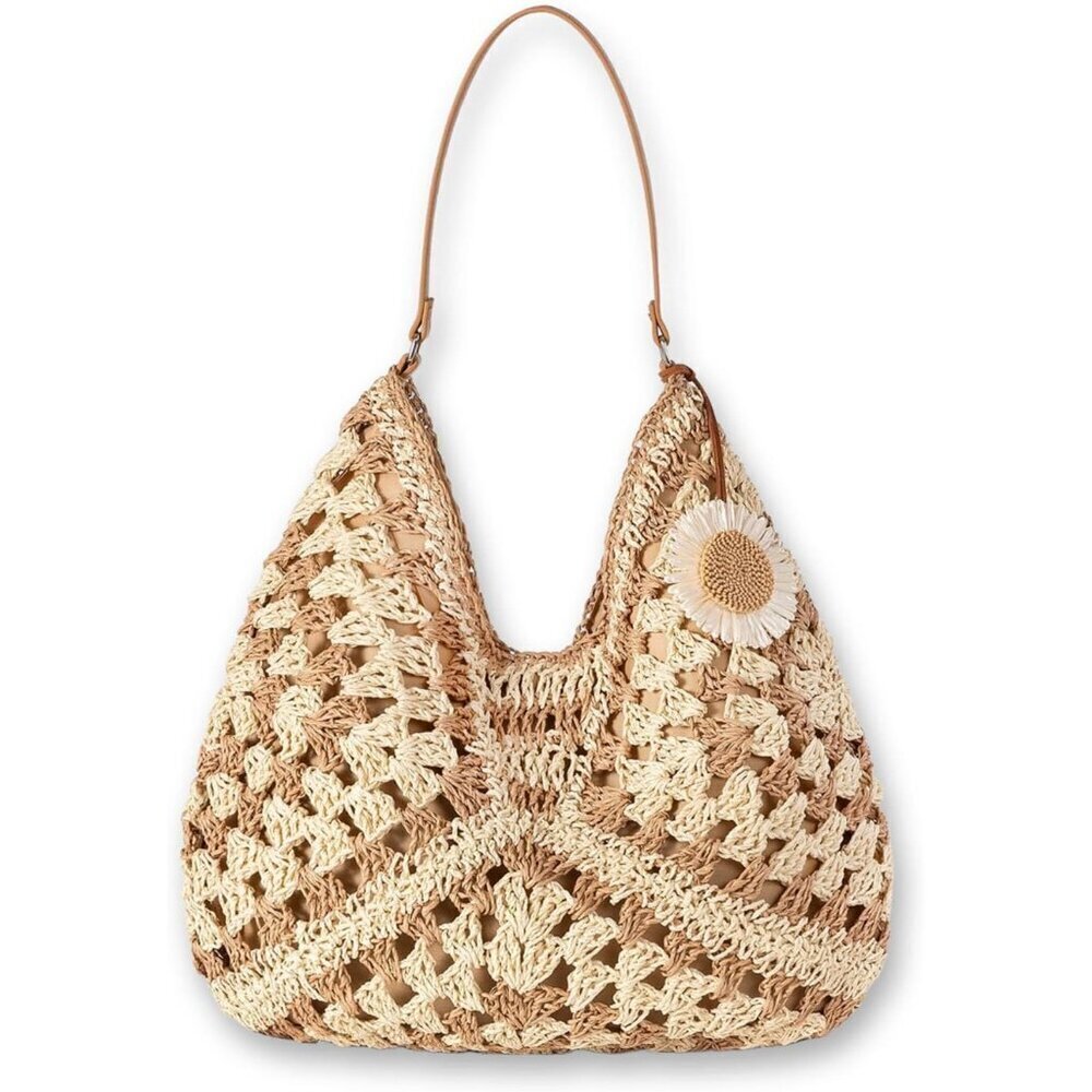 Women's Khaki Straw Beach Bag Vintage Hobo Shoulder Tote - Summer Bag for Travel
